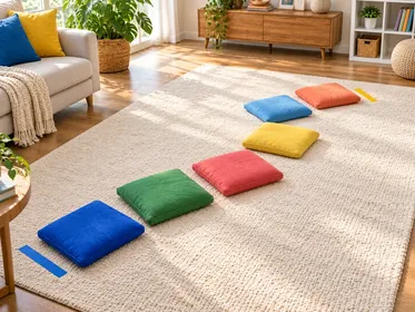 Sechs flache bunte Kissen bilden einen kurzen Weg auf einem großen hellen Teppich, mit blauer Start- und gelber Zielmarkierung.