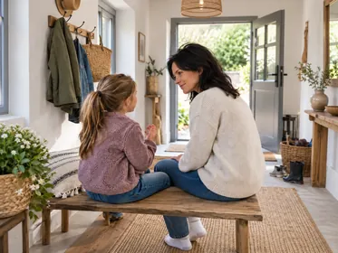 Eine Mutter hört ihrem Kind aufmerksam zu, während beide nebeneinander auf einer Holzbank sitzen.