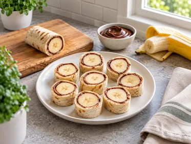 Kleine Wrapröllchen mit Banane und Schokocreme auf einem hellen Teller.