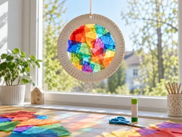 Bunter Sonnenfänger aus einem weißen Papptellerrand mit überlappenden Seidenpapierstücken vor einem hellen Fenster