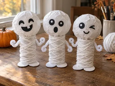 Drei selbst gebastelte weiße Spookies aus Papprollen mit kreuz und quer gewickelter Wolle, zerknitterten Papierköpfen, lustigen Gesichtern und Pfeifenreinigerarmen.