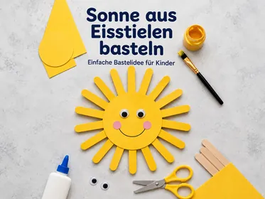 Gebastelte Sonne aus gelben Eisstielen und Papier
