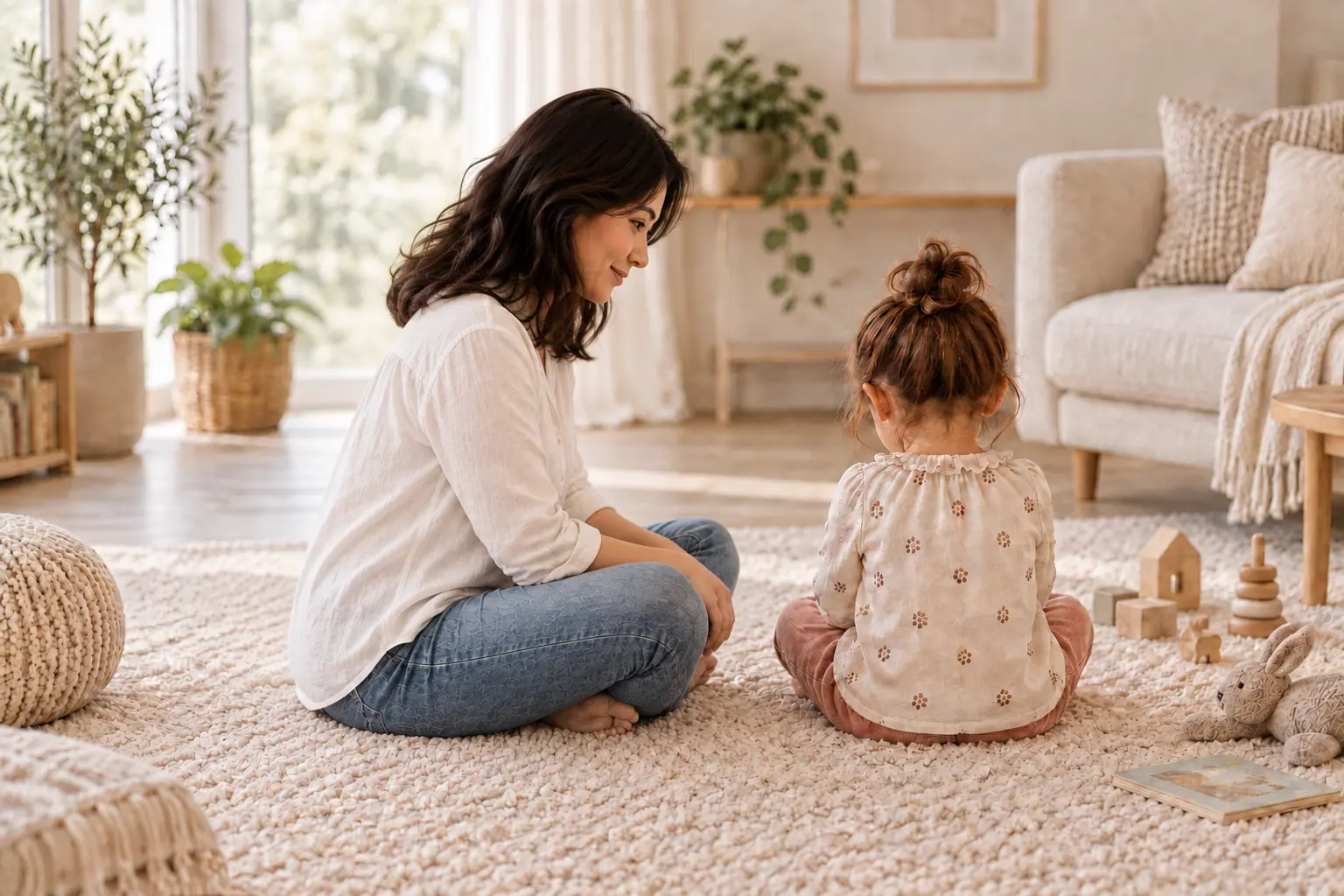 Eine Mutter sitzt seitlich auf einem Teppich und wendet sich ruhig ihrer vor ihr sitzenden Tochter zu