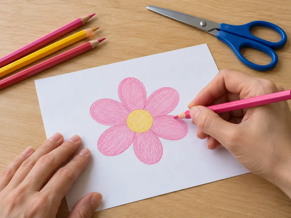 Eine einfache Papierblume wird mit rosa Blütenblättern und gelber Mitte gezeichnet.